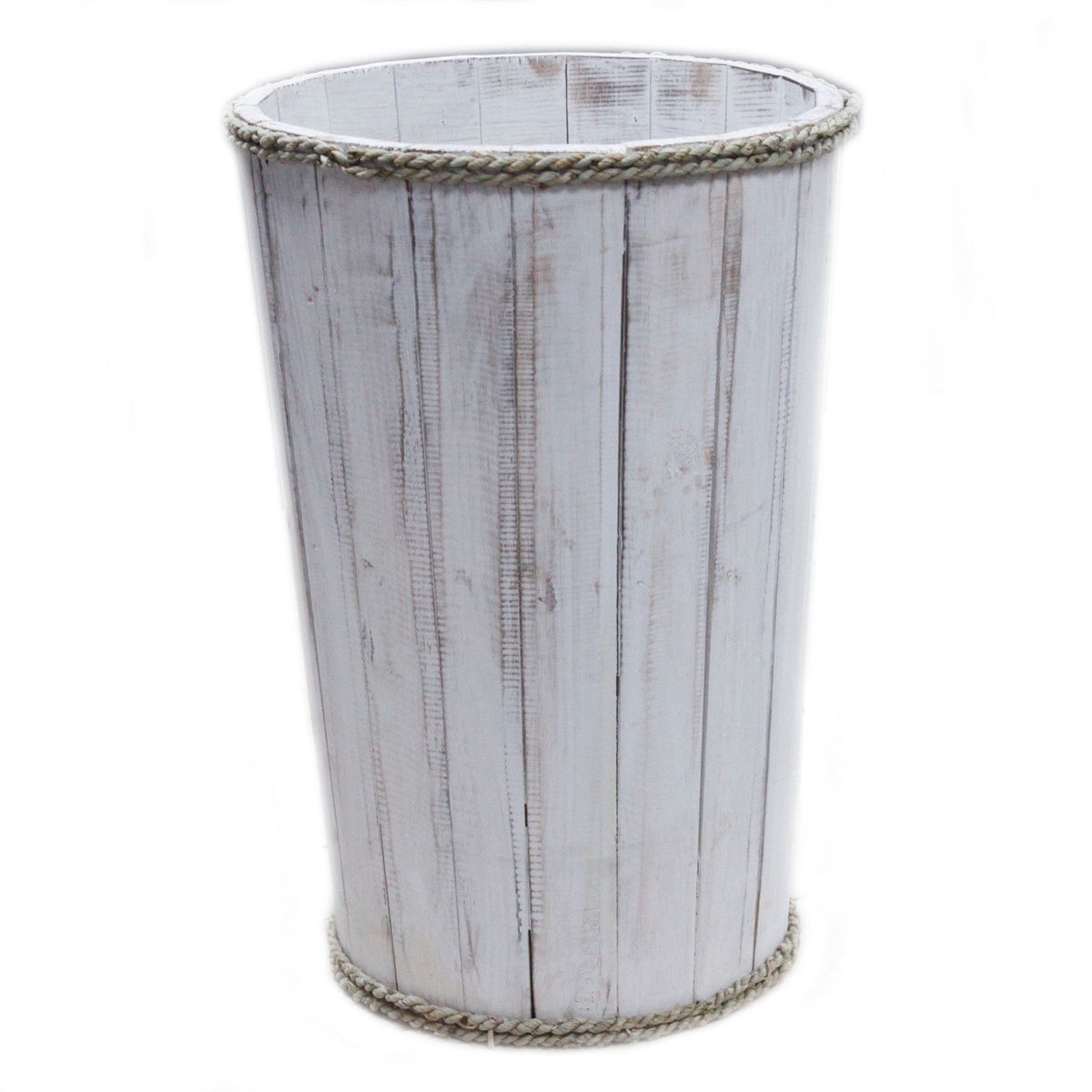 Tall whitewash wooden storage tub isolated against a plain white background, viewed from the front