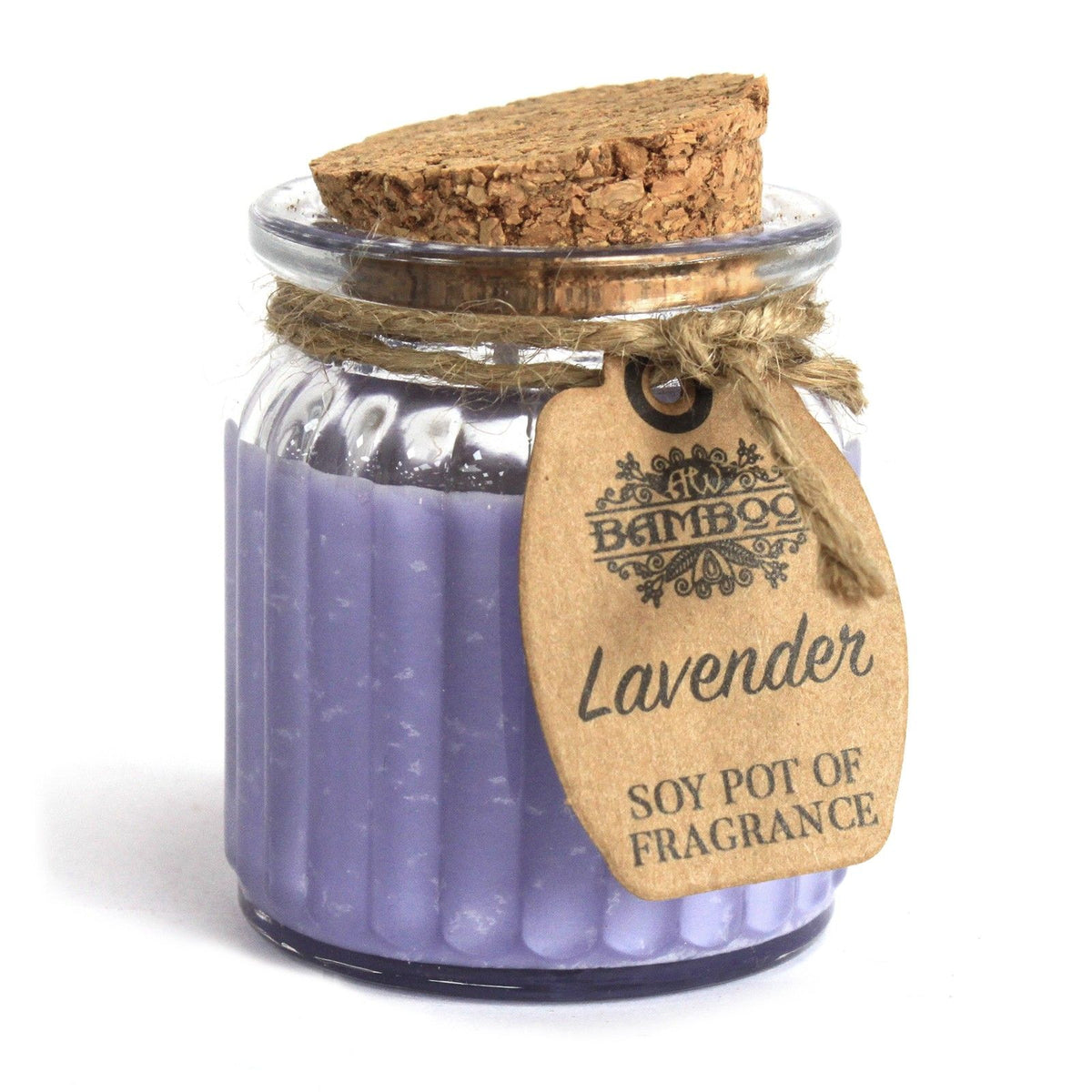 Lavender Soy Pot of Fragrance Candles, a ribbed purple glass jar with cork lid and kraft tag
