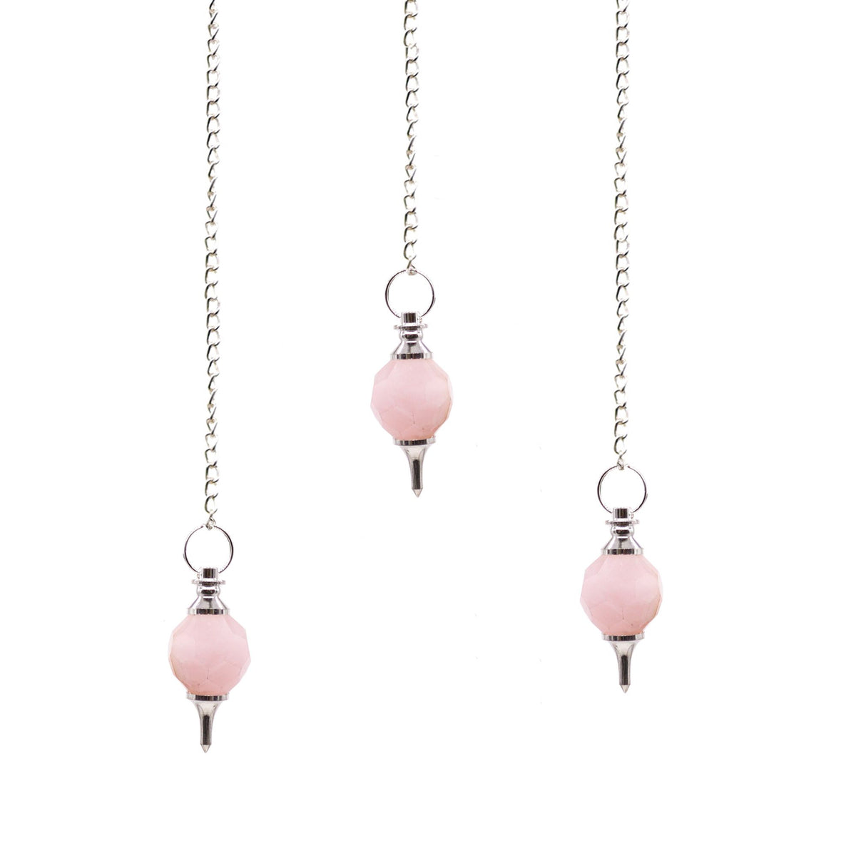Facted Gemstone Pendulum, Rose Quartz, three pink pendulums hanging against a white background