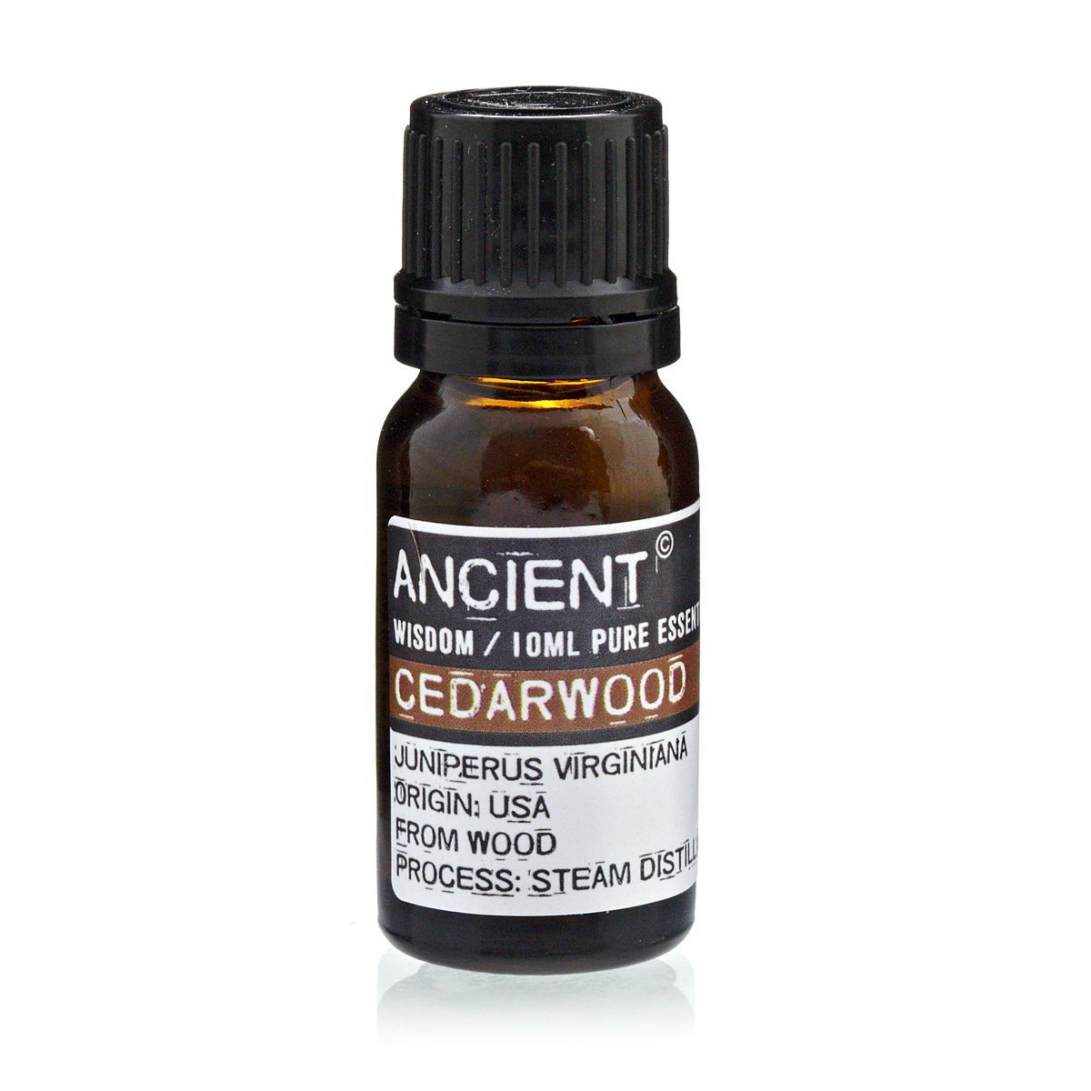 10 ml Cedarwood Virginian Essential Oil in a dark glass bottle with a black cap, shown upright