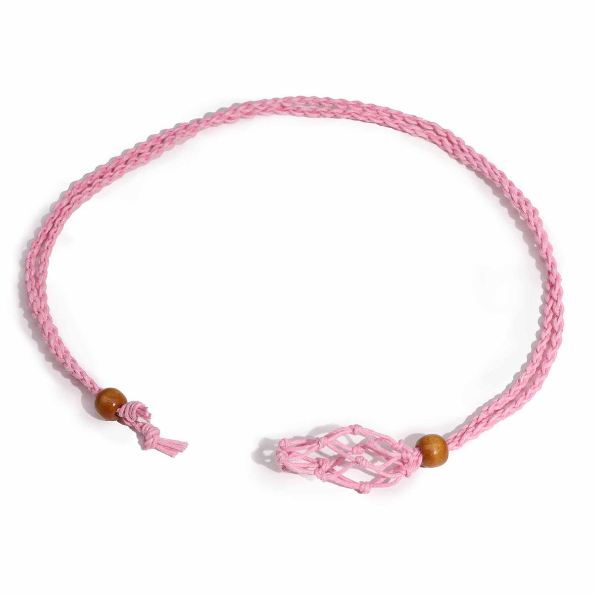 Gemstone Necklace Cord, Pink arranged in a loop on white, with wooden beads and a knotted fastening