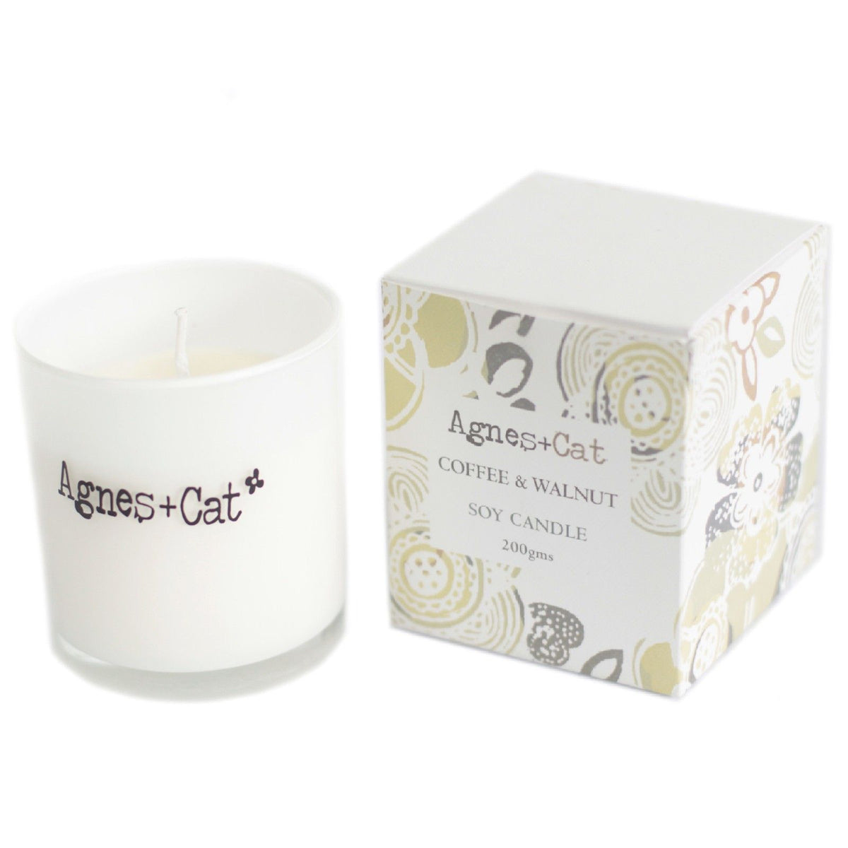 Agnes + Cat Votive Candle, Coffee and Walnut, white candle beside its patterned box