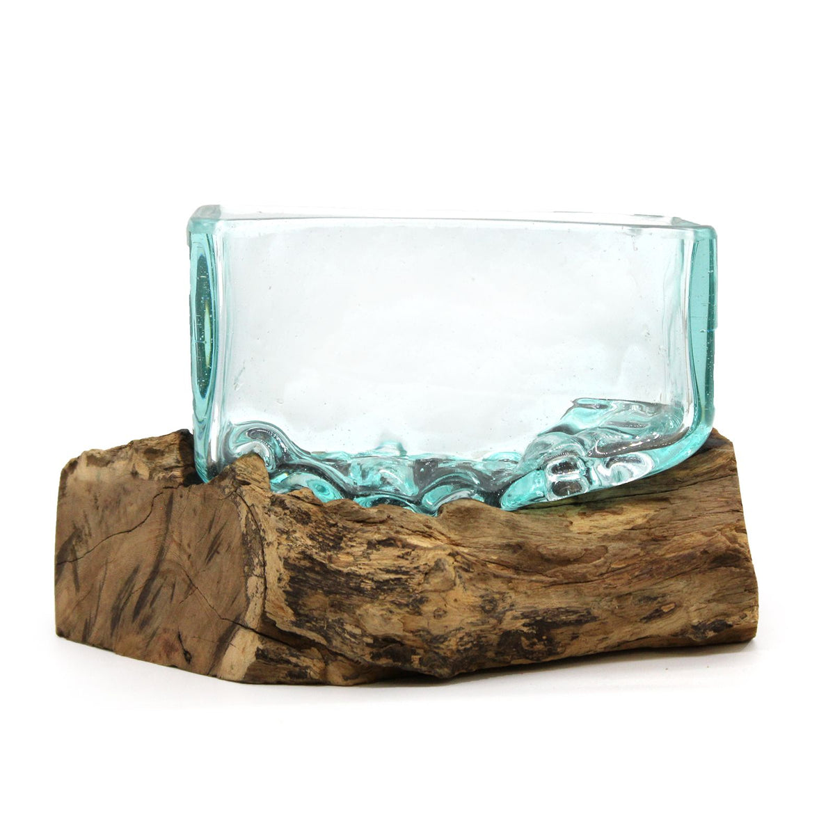 Clear aqua glass bowl on a broad wood stand, close front view