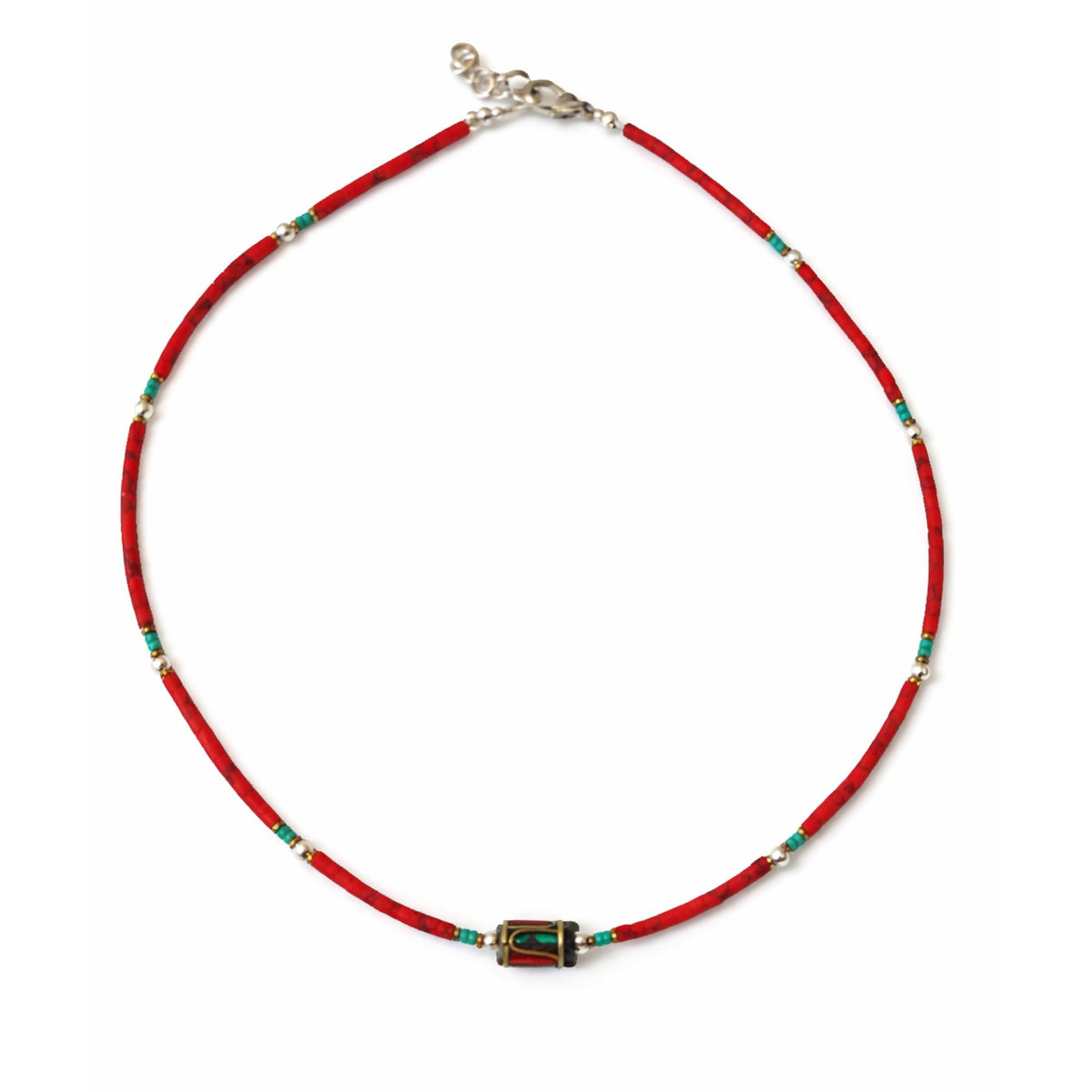 Nepalese Extra Fine Gem Necklace, Coral Tribal Bead, red necklace laid in a circle on white