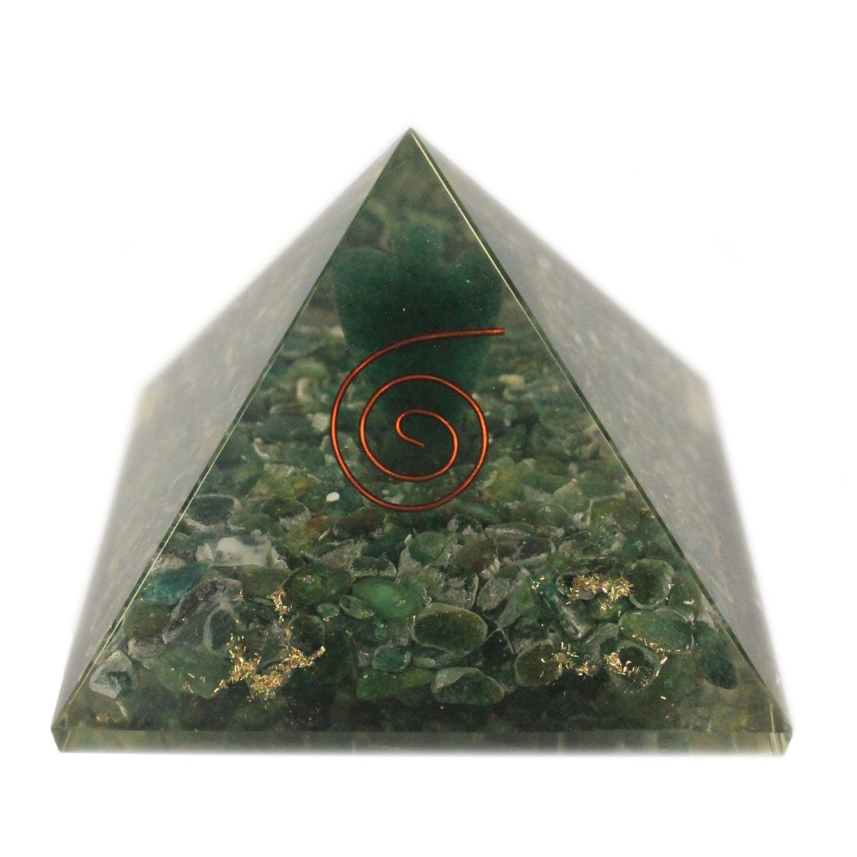 Lrg Orgonite Pyramid 70mm, Angel, green inclusions and a copper spiral on the front face