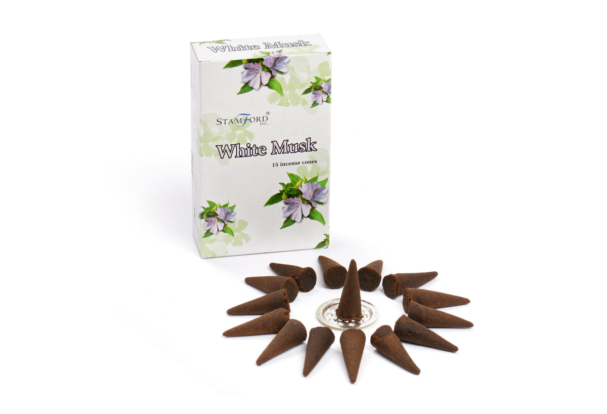 White Musk Cones in a floral Stamford box, with dark brown cones arranged around a metal holder