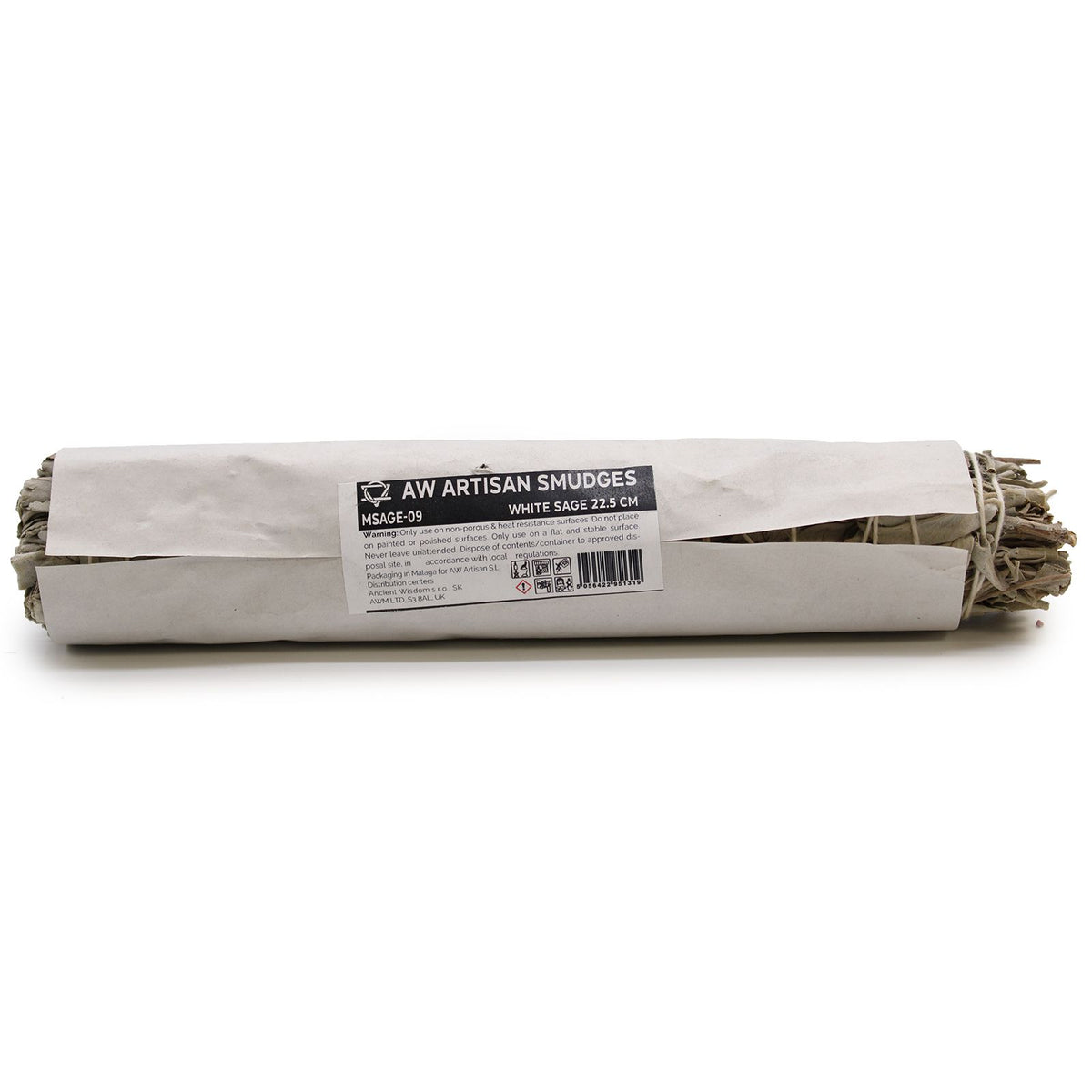 Smudge Stick, White Sage 22.5 cm in white paper packaging with a printed label and sage ends showing
