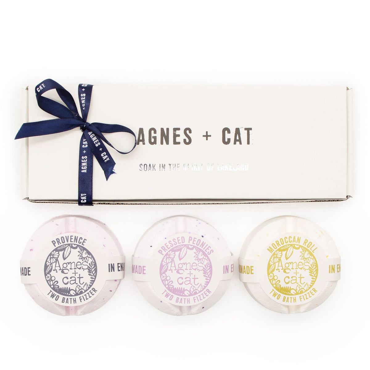 Secret Garden bath fizzer set with three labelled rounds arranged beneath its white gift box
