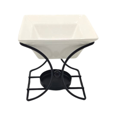 Ceramic & Metal Square Stand with a white square dish on a black metal burner stand, viewed from the front