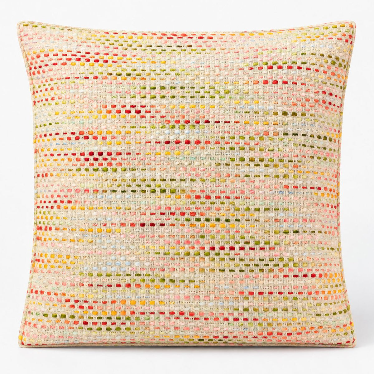 Hidden Rainbow cushion cover shown alone from the front, with colourful woven stripes on a cream background