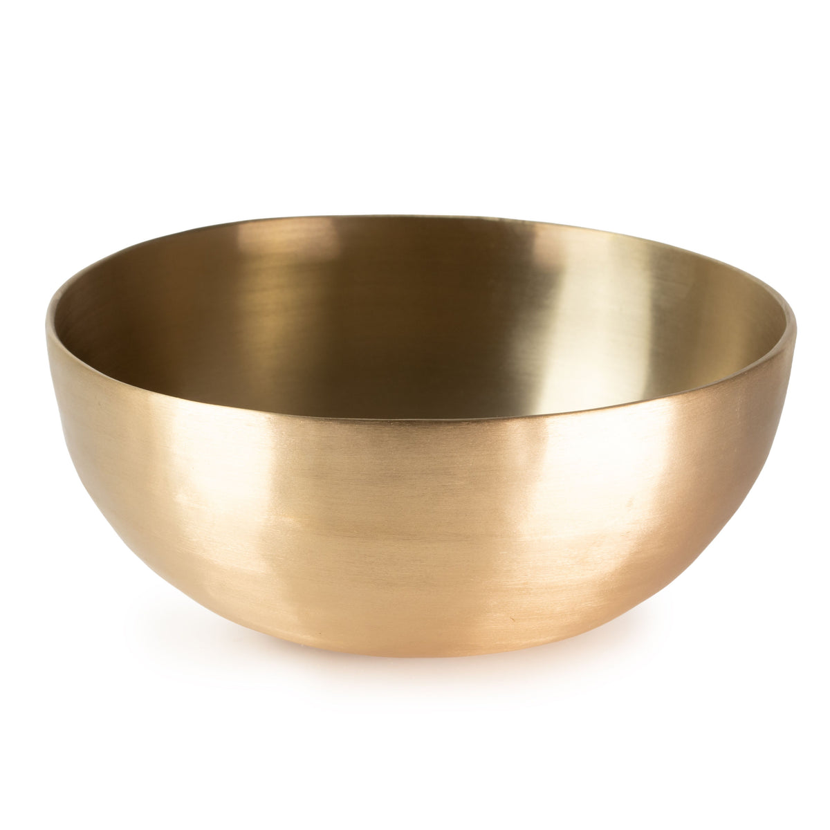 Chaken singing bowl viewed from the front, with a smooth gold finish against a white background