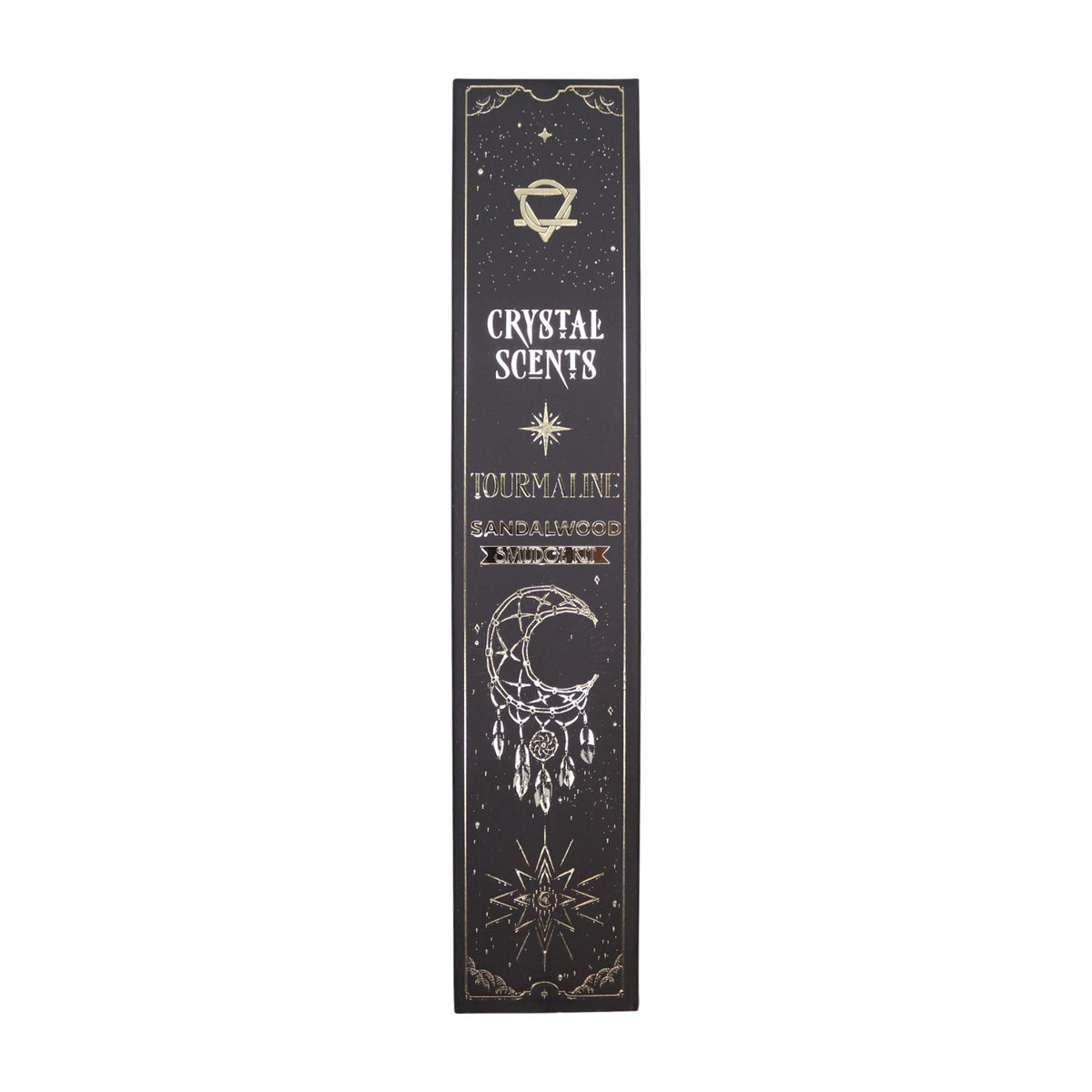 Single black and gold Tourmaline Sandalwood incense box shown upright from the front