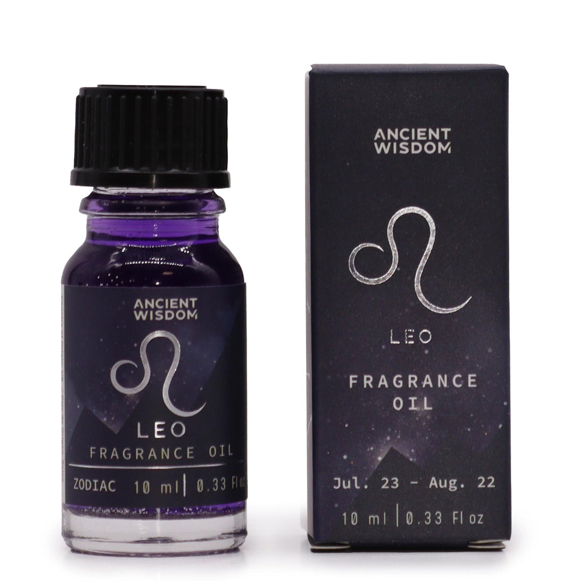 Leo zodiac fragrance oil bottle in dark purple glass next to its star-sign gift box