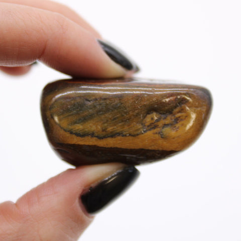 Large African Tumble Stone, Tigers Eye, Varigated, held between fingers in a close-up view