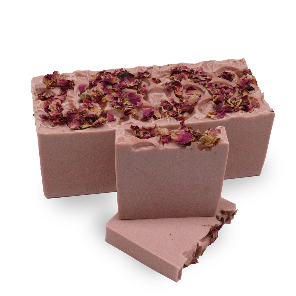 Enchanted Rose Soap Loaf, pink soap bars topped with dried rose petals, shown from the front