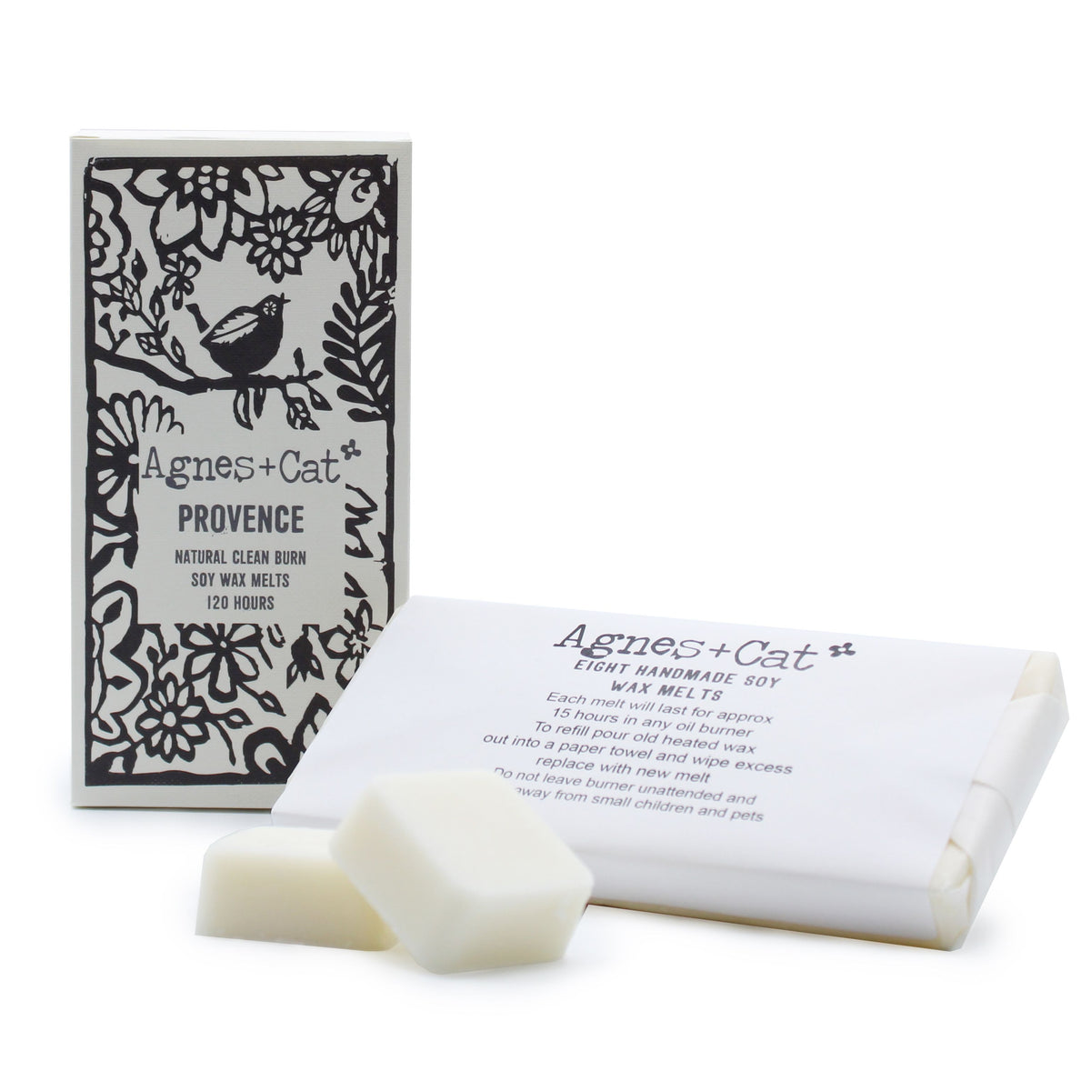 Agnes + Cat Box of 8 Wax Melts, Provence, with its illustrated box, wrapped bar and loose white melts