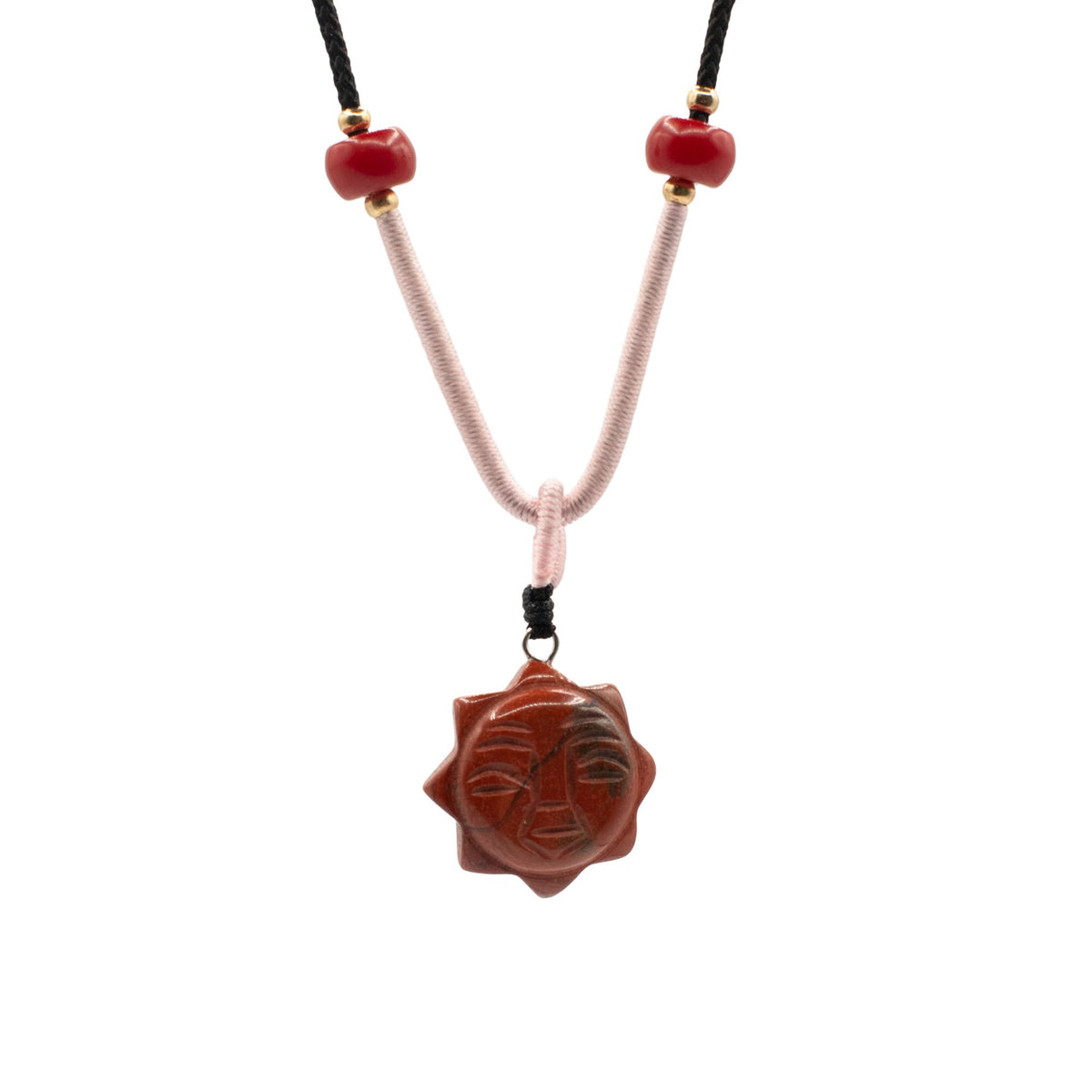 Cord Necklace Gemstone Pendant, Carnelian Sun Face with a reddish carved pendant, pink and black cord and red beads