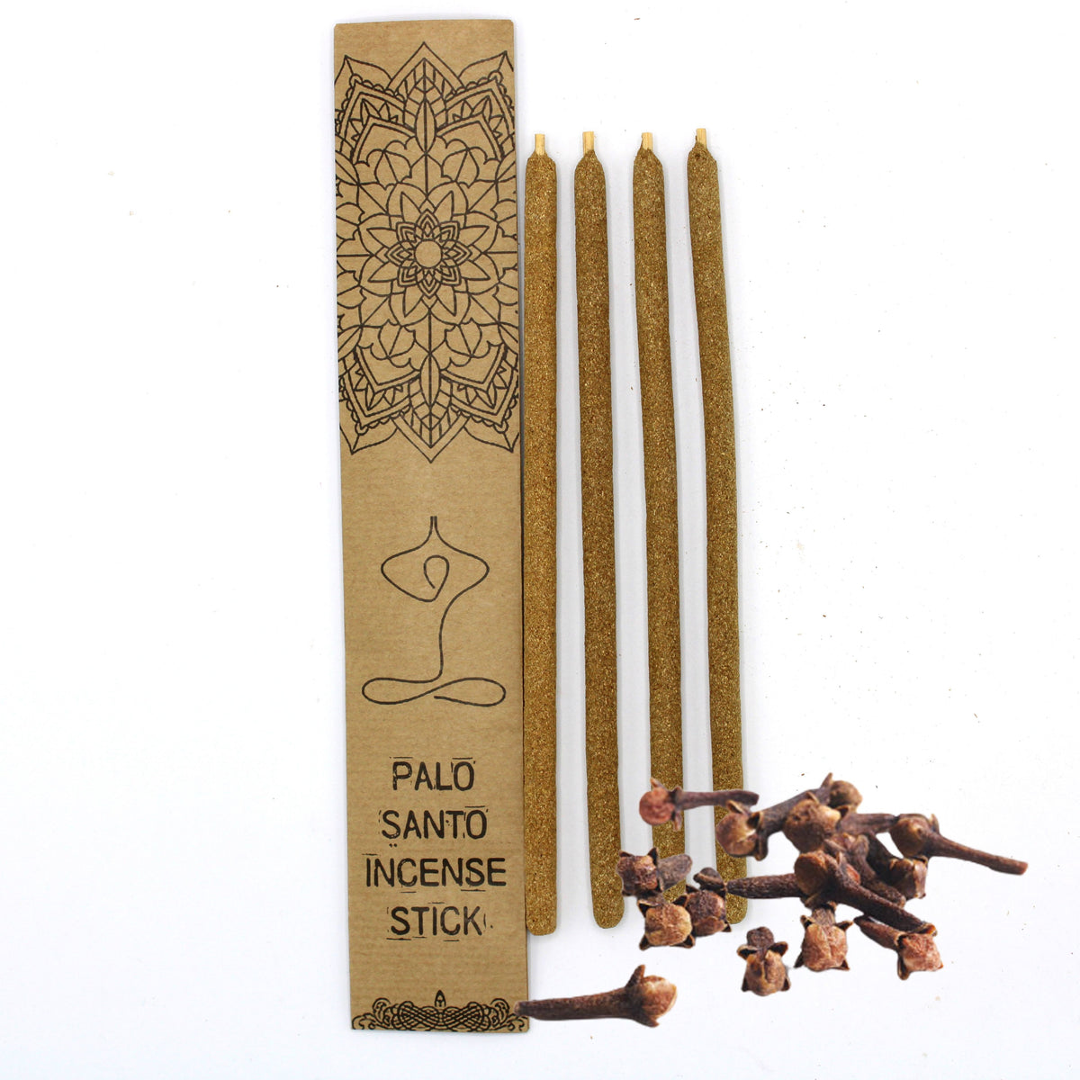 Palo Santo Large Incense Sticks, Cloves, four sticks beside a decorated kraft box and whole cloves