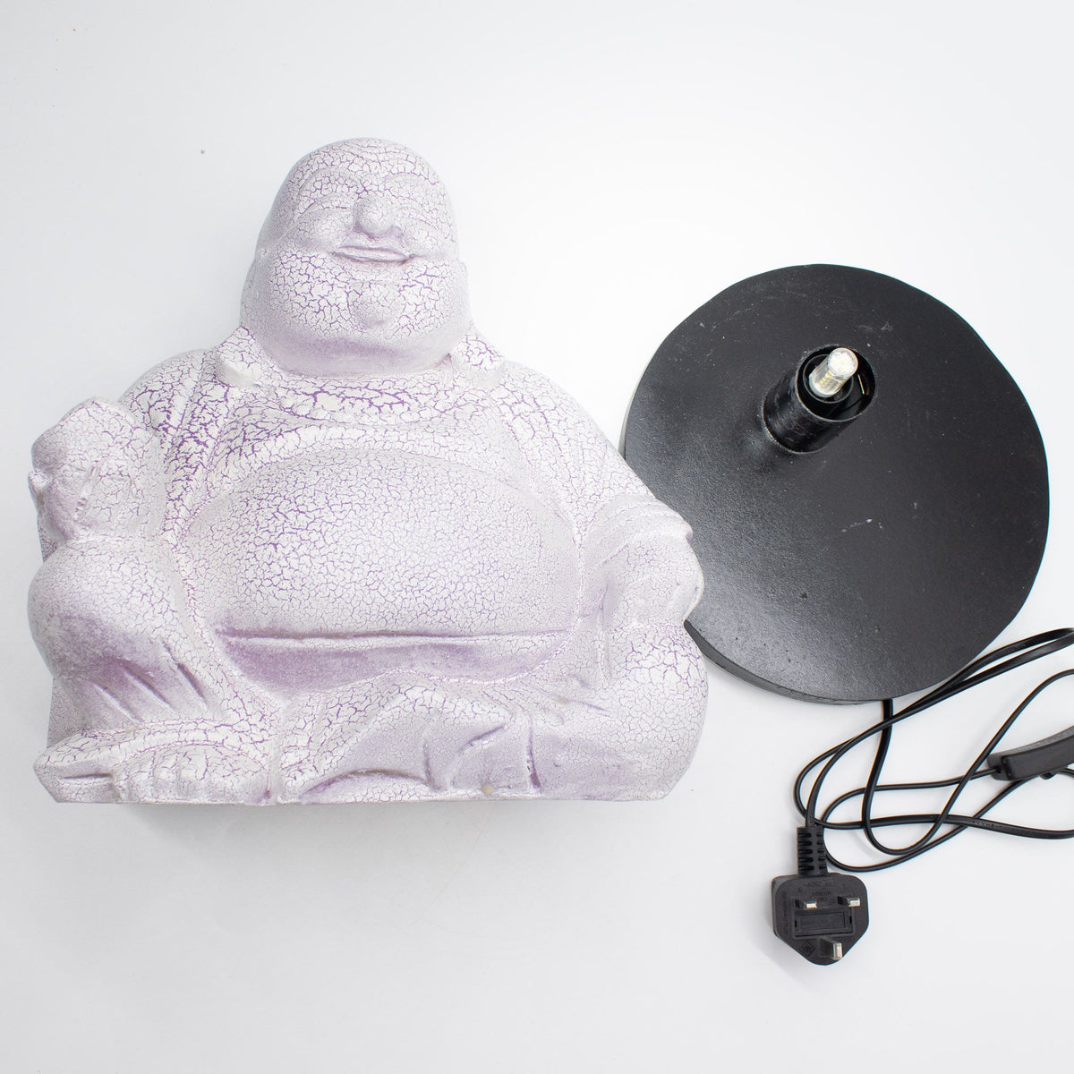 Laughing Buddha Lamp Lavender Crackle, Round Stand shown beside its round base and electrical cord