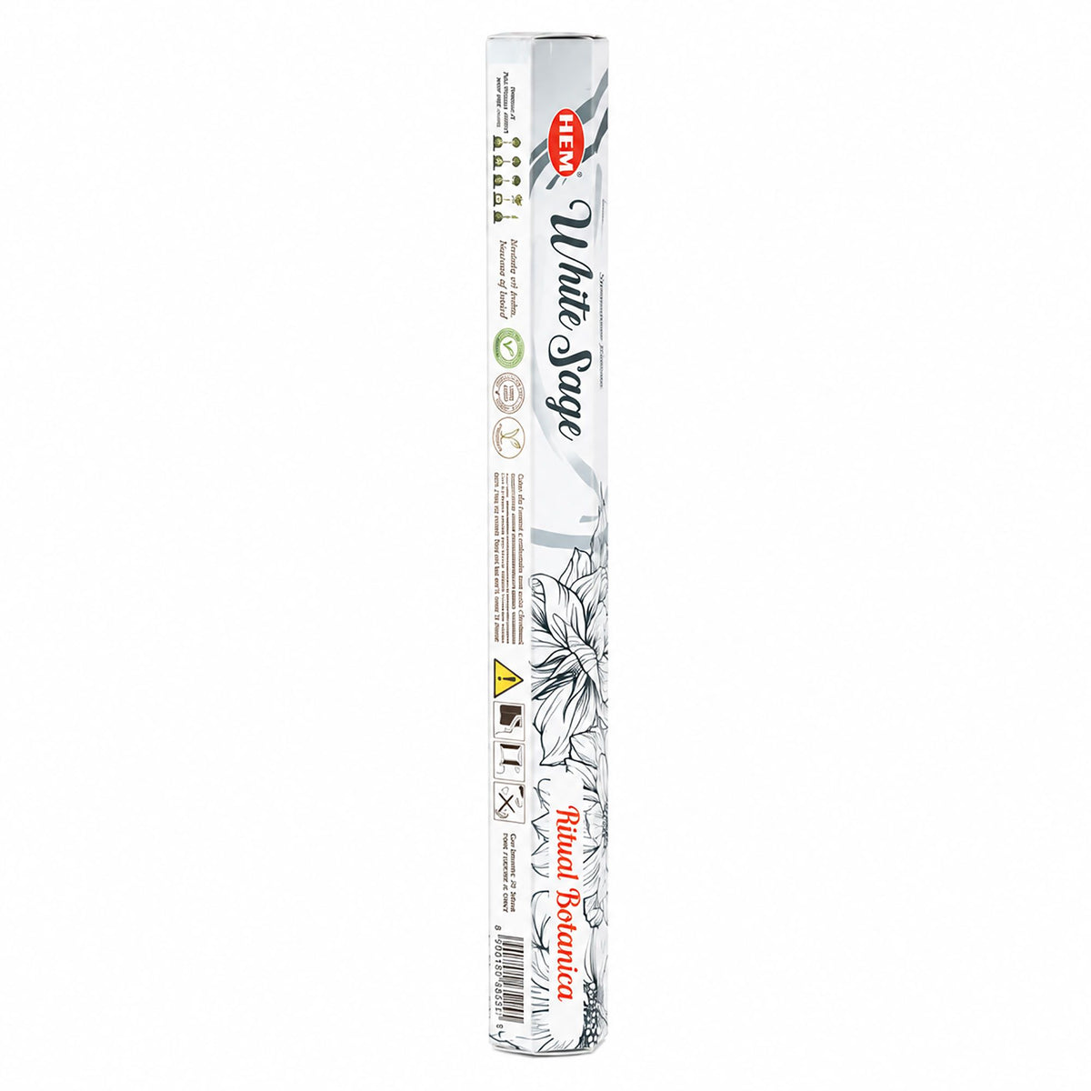 HEM White Sage incense in its long white and grey hexagonal pack