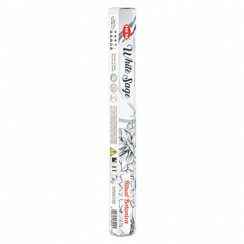 HEM White Sage incense in its long white and grey hexagonal pack