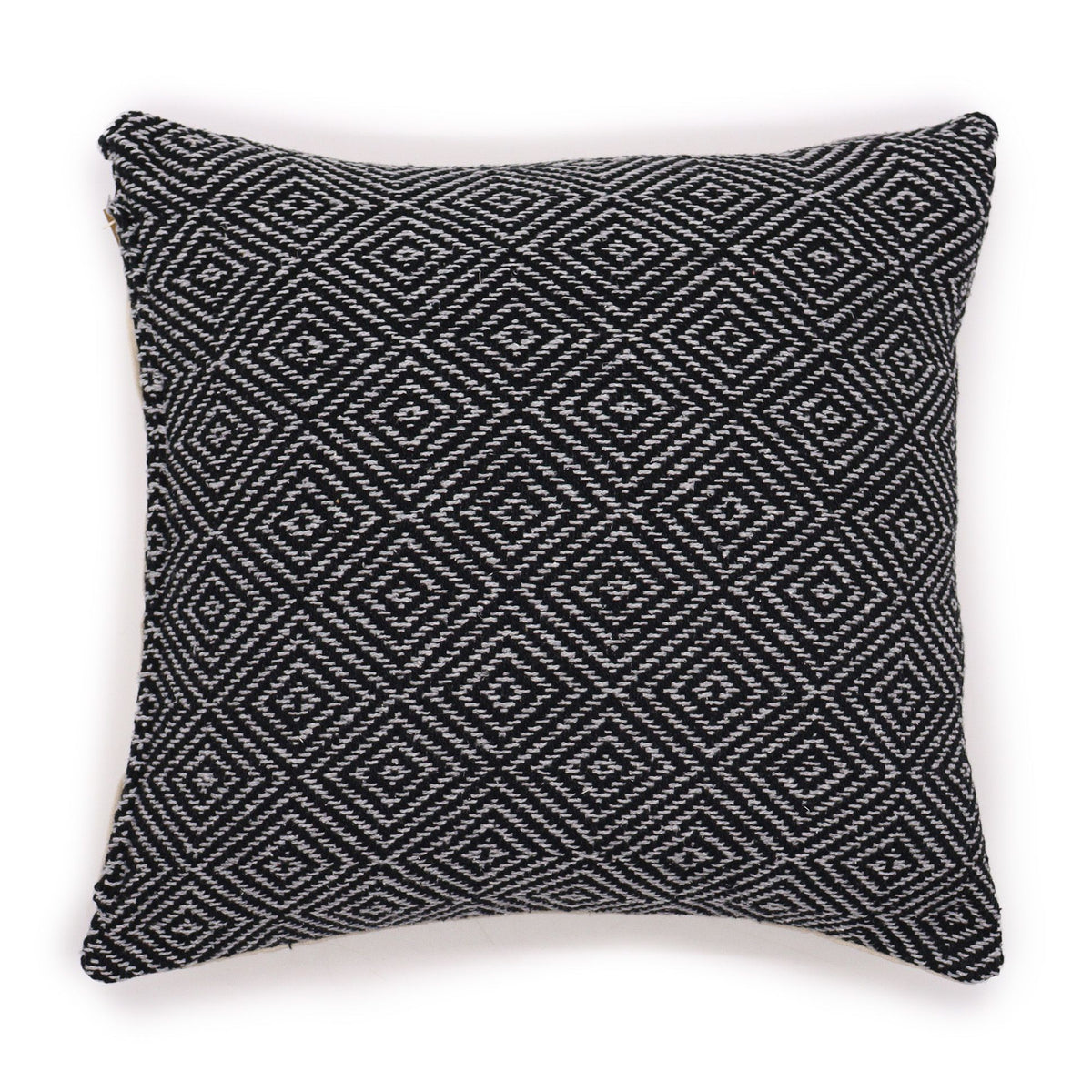 Classic Cushion Cover, Maze Black, square black and cream geometric pattern shown from the front