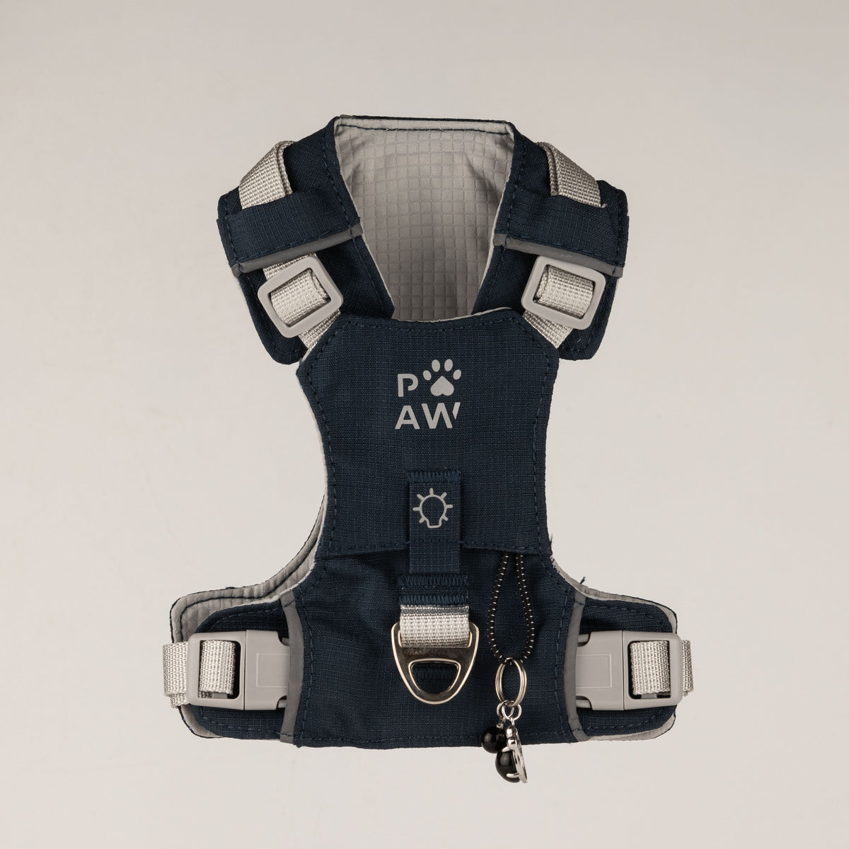 Front view of the harness showing its straps, fastenings and charm