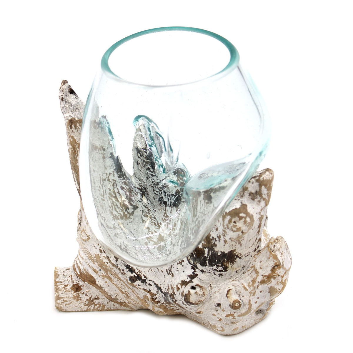 Molten Glass on Whitewash Wood, Medium Bowl, clear glass bowl set in a textured white and brown wood base, front view