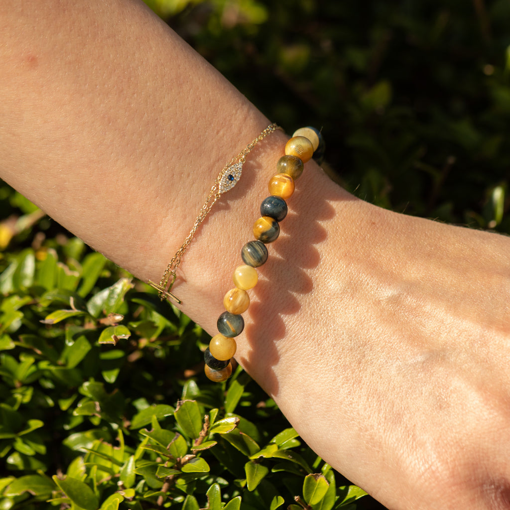 Close view of Dream Tigereye bracelet on a wrist