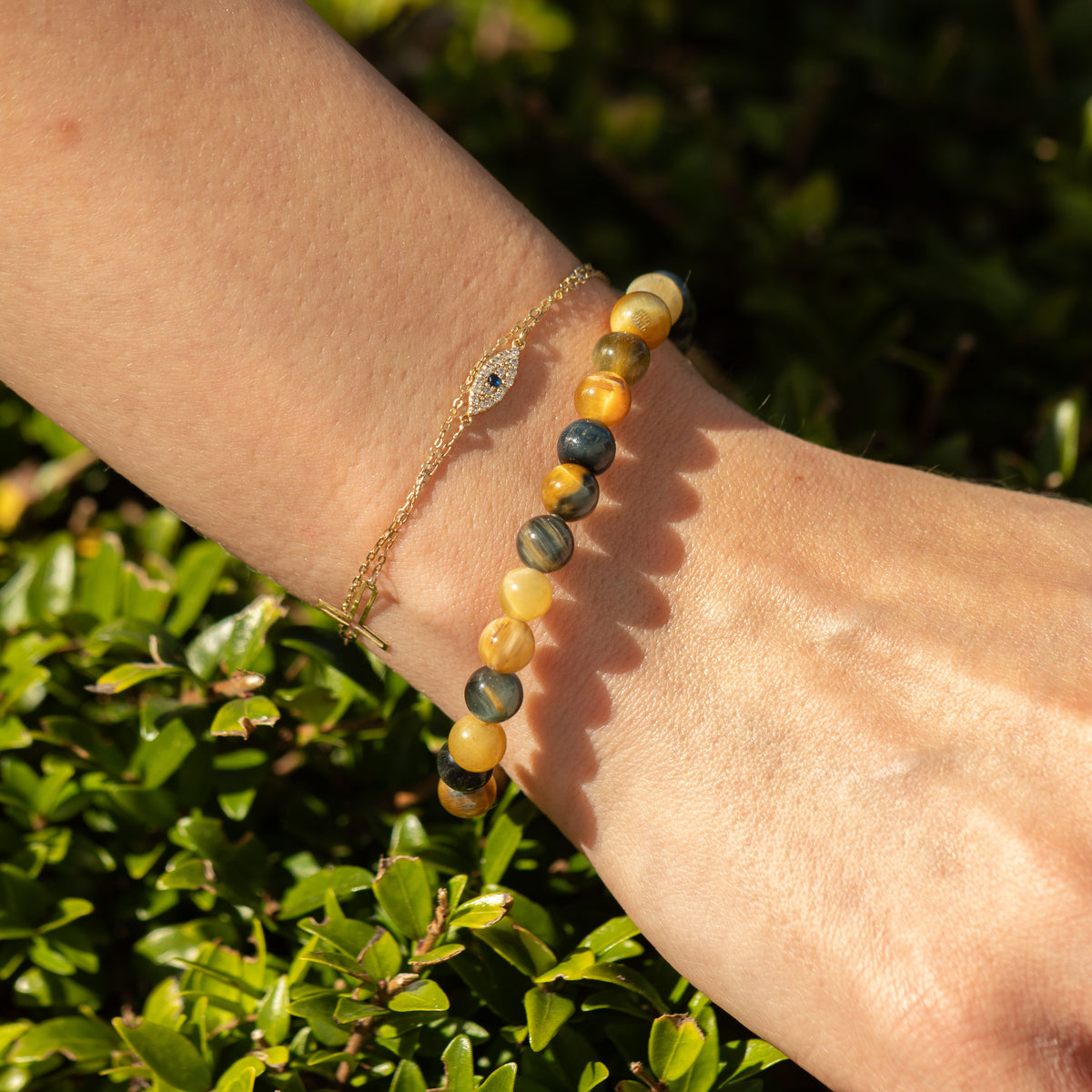 Close view of Dream Tigereye bracelet on a wrist