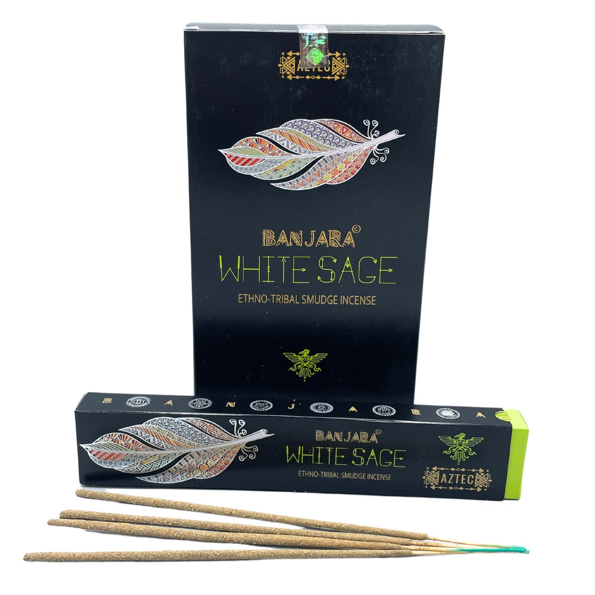 Banjara White Sage incense box with a feather design and three sticks above it