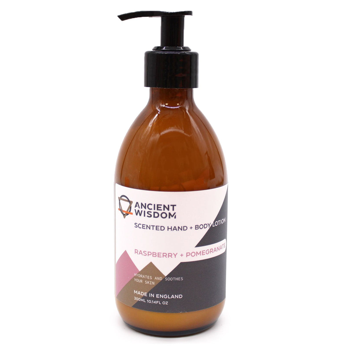 Raspberry & Pomegranate Lotion 300ml in an amber pump bottle with a white label, front view
