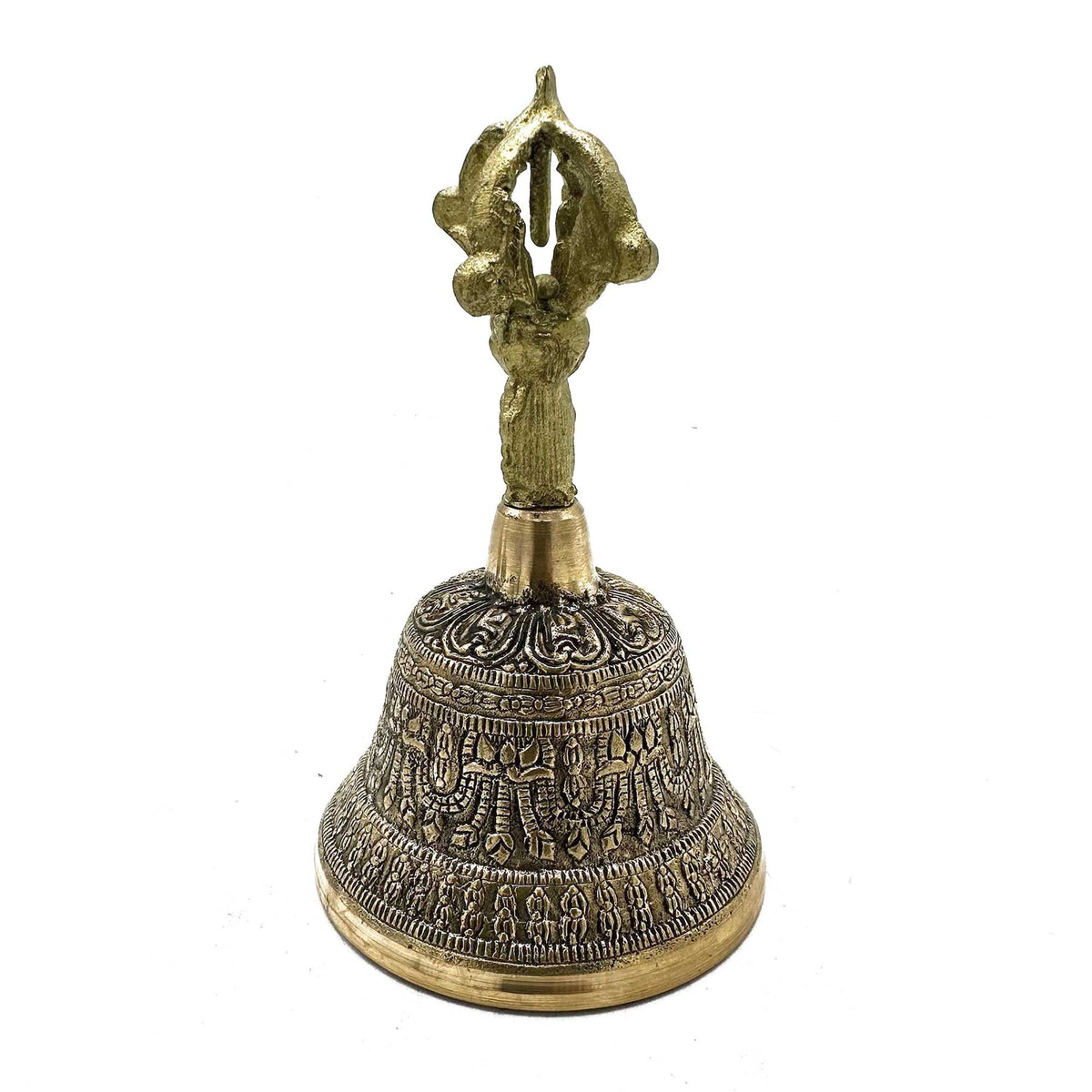 Large Tibetan Tingsha Bell, 8x15cm, ornate gold-toned bell shown alone from the front