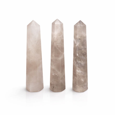 Gemstone Six Face Obelisk Point, Smoky Quartz, three translucent brown points standing upright against white