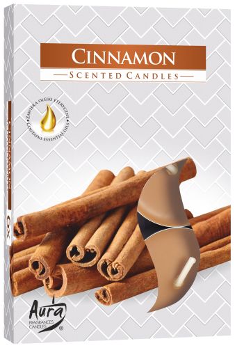 Set of 6 Scented Tealights, Cinnamon in a white patterned box with cinnamon sticks and a tealight pictured