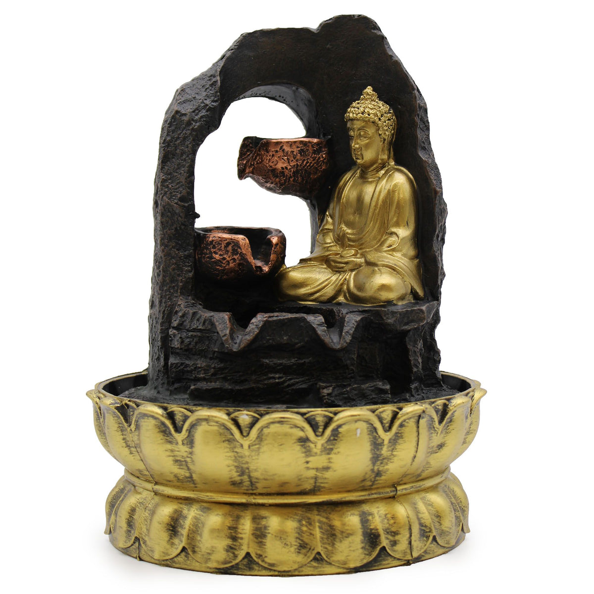Golden Buddha fountain displayed on a plain white background, full front view with its bowl attached