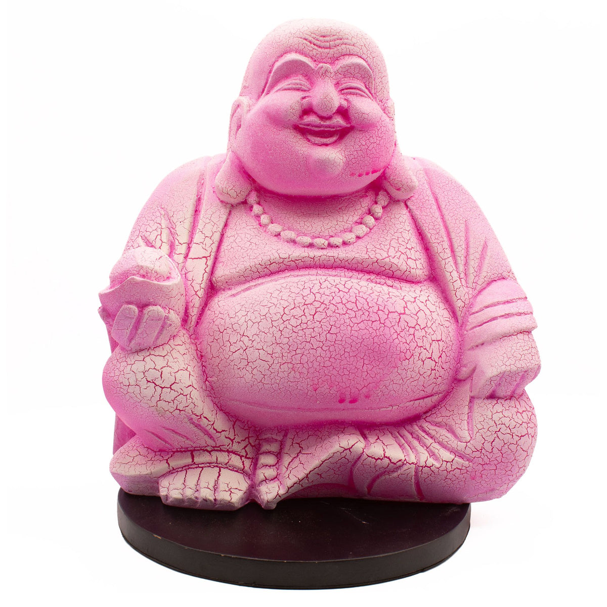 Laughing Buddha Lamp Dragonfruit, Round Stand, pink seated figure on a black round base, front view