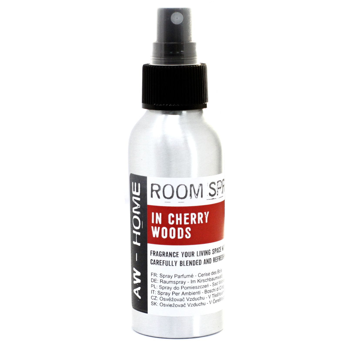 Cherry Woods room spray in a single silver bottle, shown upright against a white background