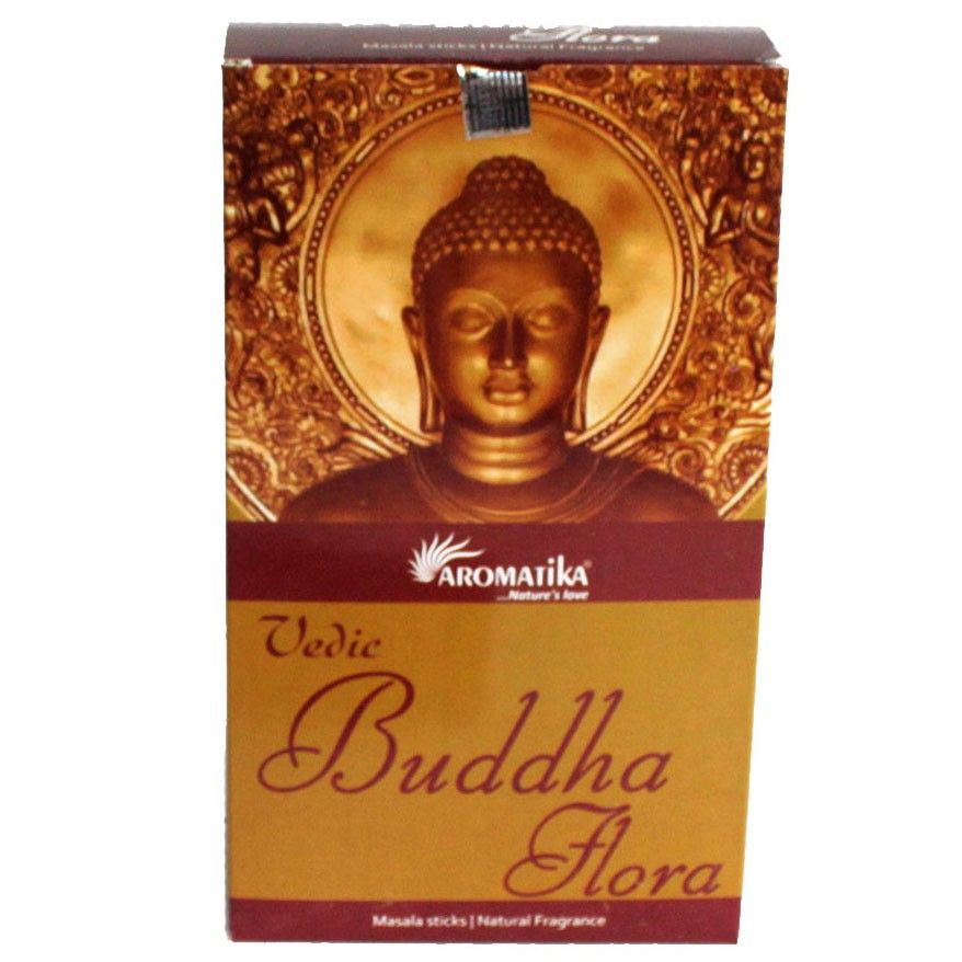 Vedic Buddha Flora incense sticks in a brown and gold box, front view with a Buddha portrait