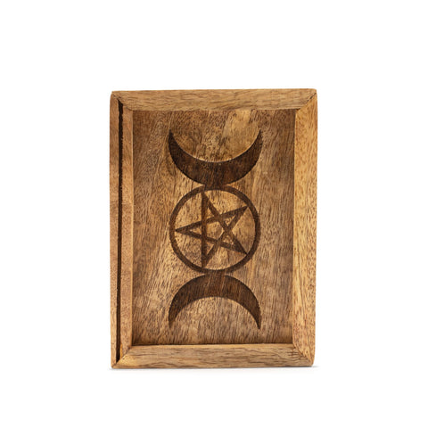 Small Tarot Box with Card Holder, closed wooden box with a carved triple moon and pentagram design