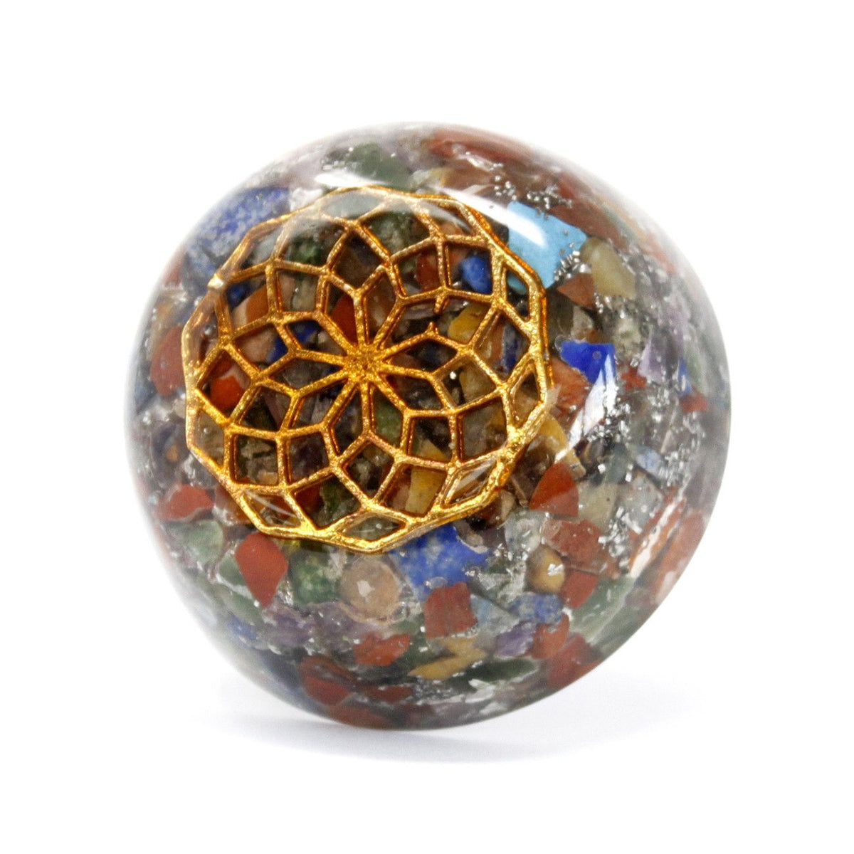 Multi Stone Dome orgonite sphere with a gold lotus charm over mixed gemstone chips