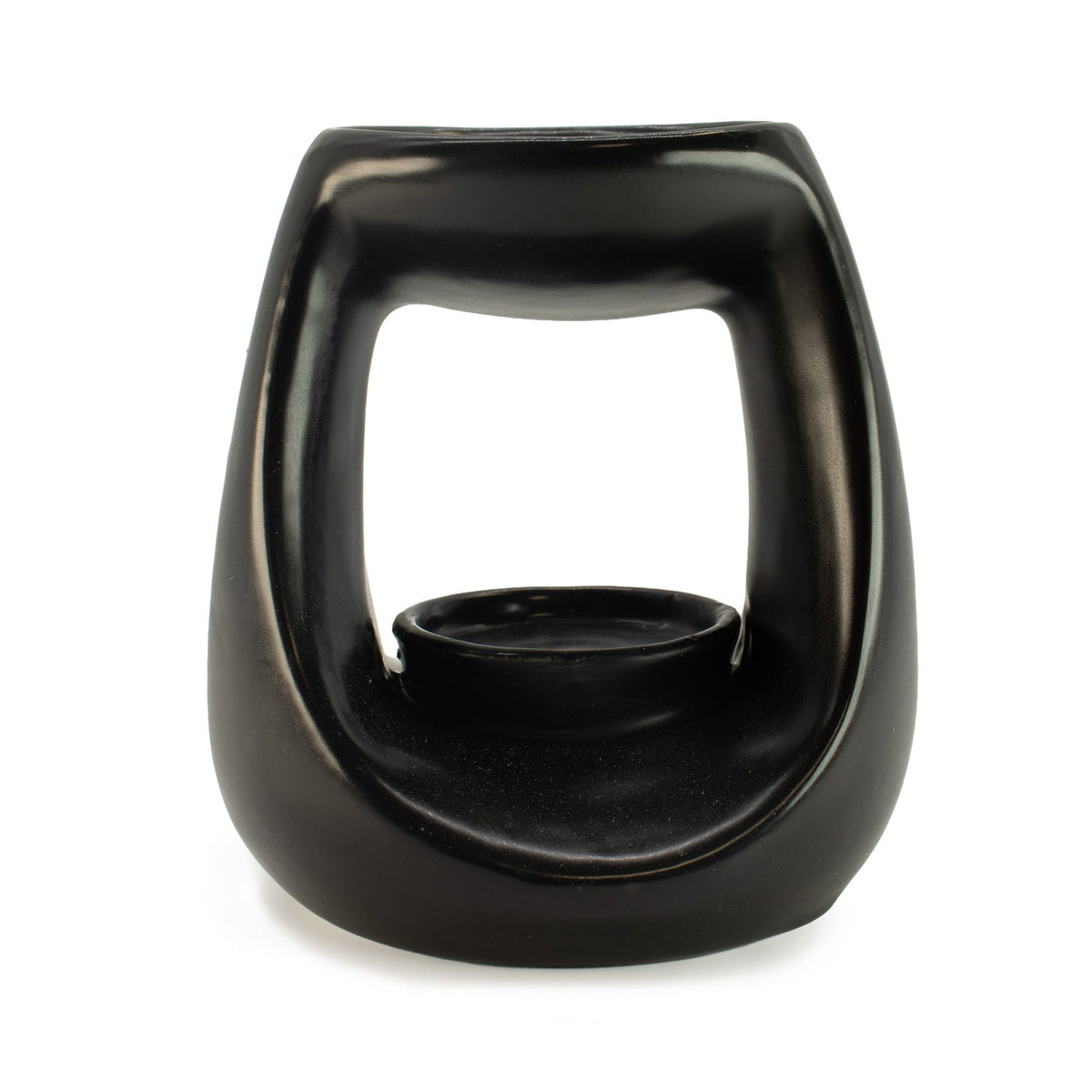 Ceramic Zen Oil Burner, Large Oval Pebble, Matt Black, front view on a white background