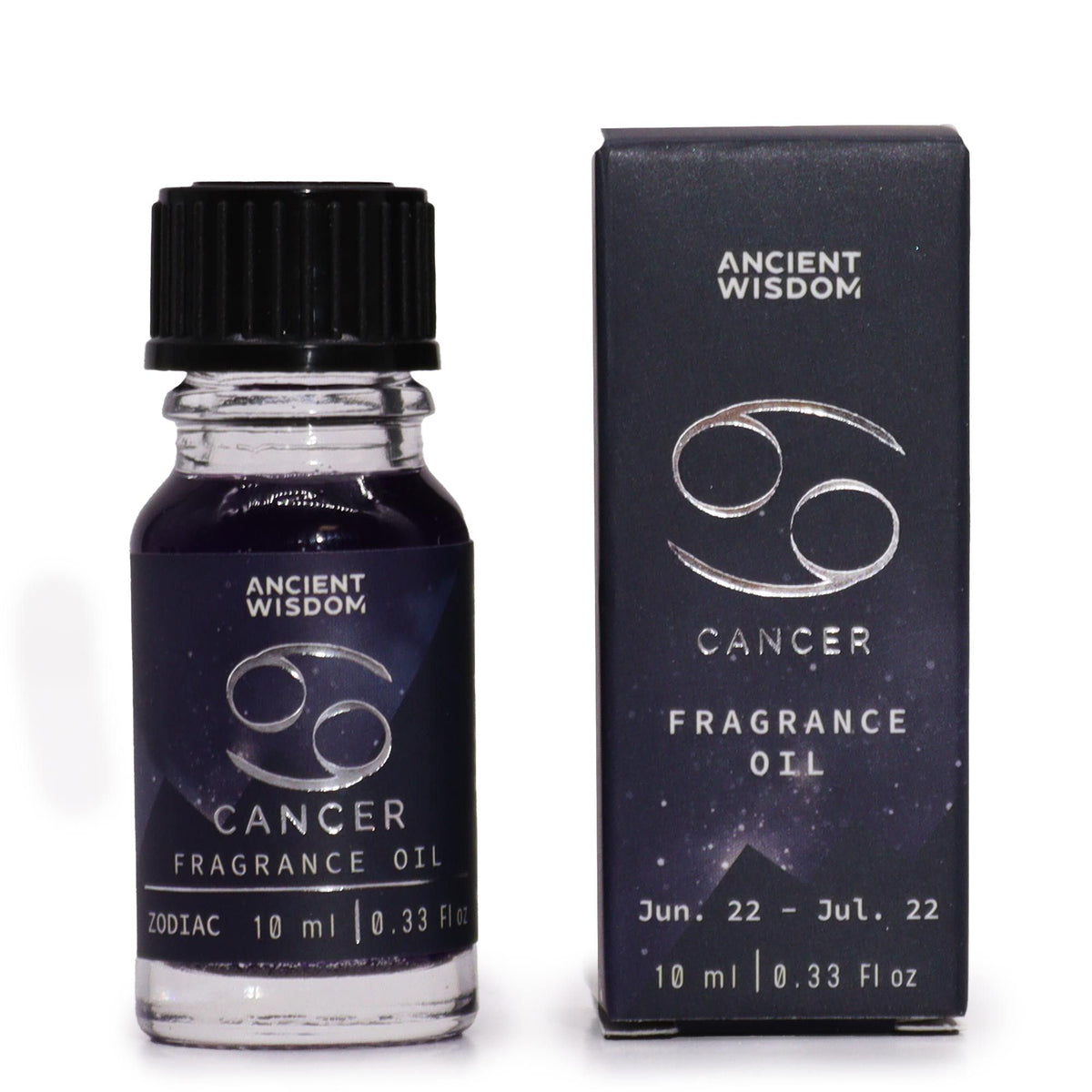 Cancer zodiac fragrance oil bottle in dark purple glass next to its star-sign gift box