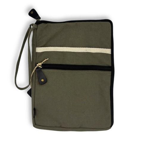 Front view of the olive pouch on white, with a cream stripe, black zip pocket and wrist loop