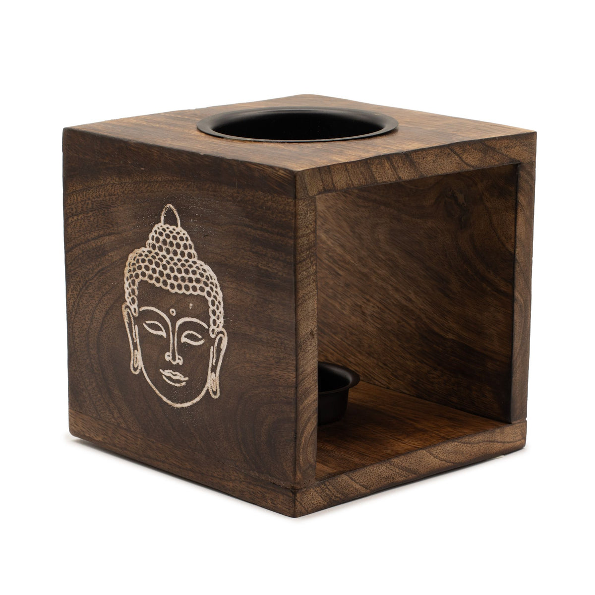 Large Square Mango Wood Oil Burner- Buddha Face, dark brown square burner with a Buddha face, shown from an angle