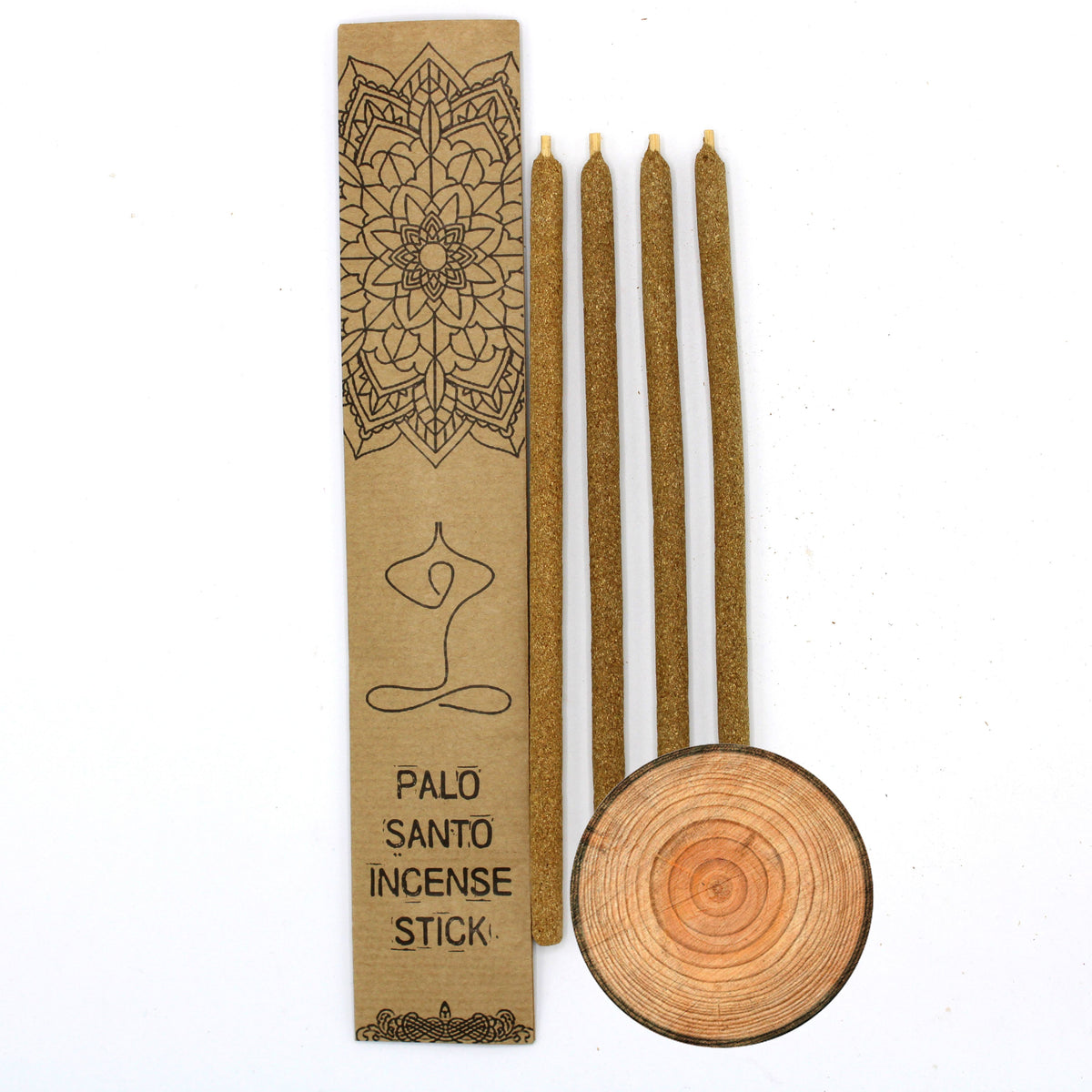 Palo Santo Large Incense Sticks, Sandalwood, brown sticks beside a patterned cardboard sleeve and wood slice