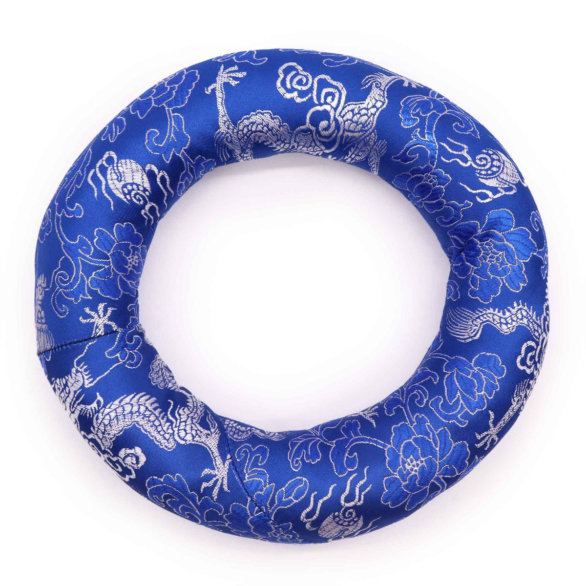 Hoop Cushion 16cm in blue with silver patterned decoration, shown from above on a white background