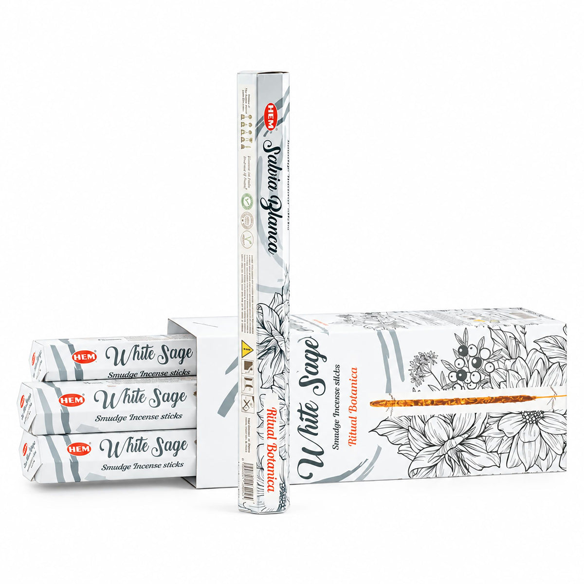 HEM White Sage incense packs, a single stick and an incense carton