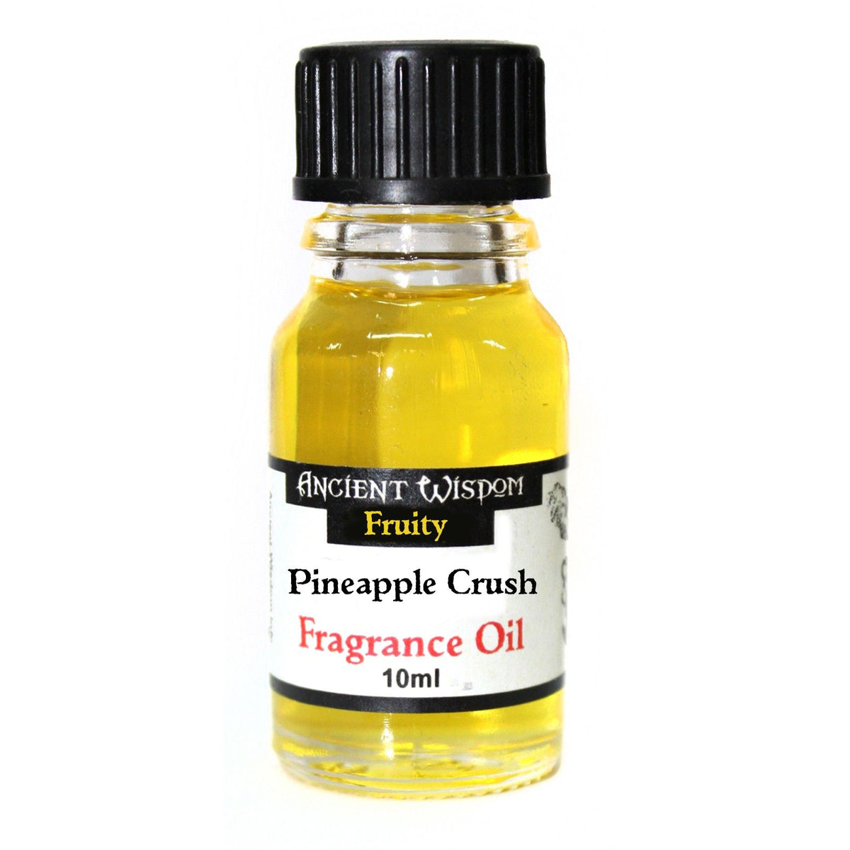 Pineapple Crush fragrance oil bottle with yellow liquid and black cap, front view on white