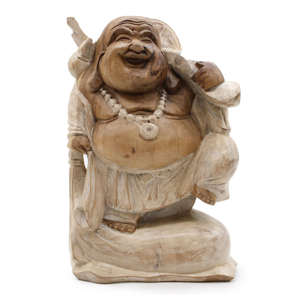Happy Buddha statue viewed from the front, with a smiling face, necklace and raised knee